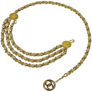 Authentic 1984 vintage CHANEL leather chain belt gold and beige size 85cm
